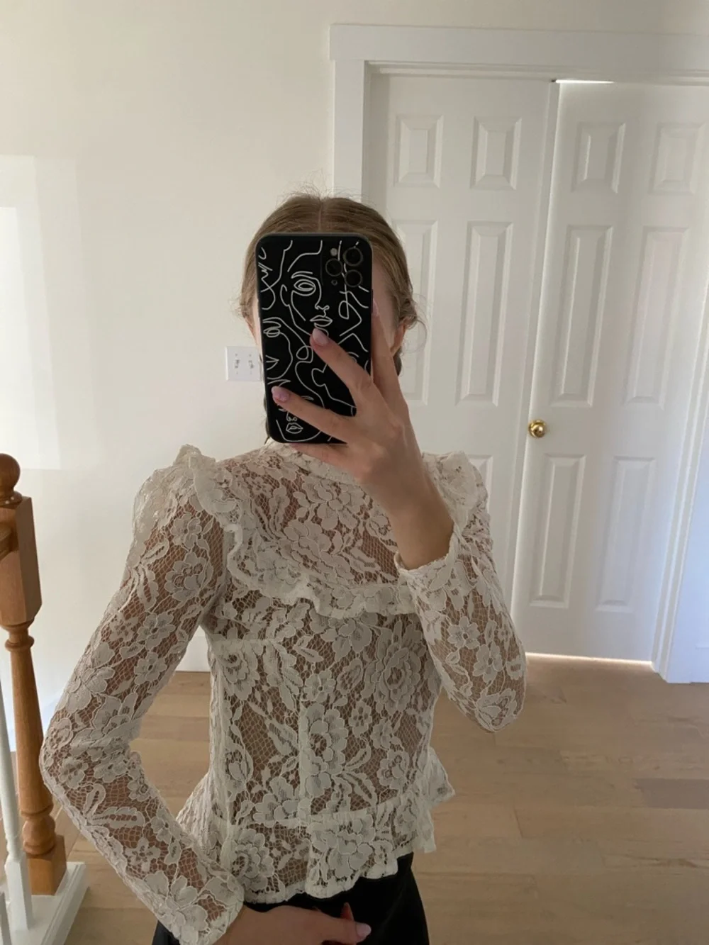 Lace High-Neck Long-Sleeve Top - White
